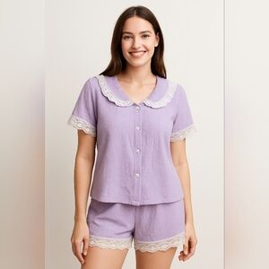 SHEIN Lavender Ruffle Lace Trim Pajama Set